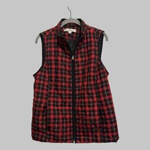 Croft & Barrow Buffalo Plaid Red Black Quilted Zip Up Pockets Adjustable Vest M